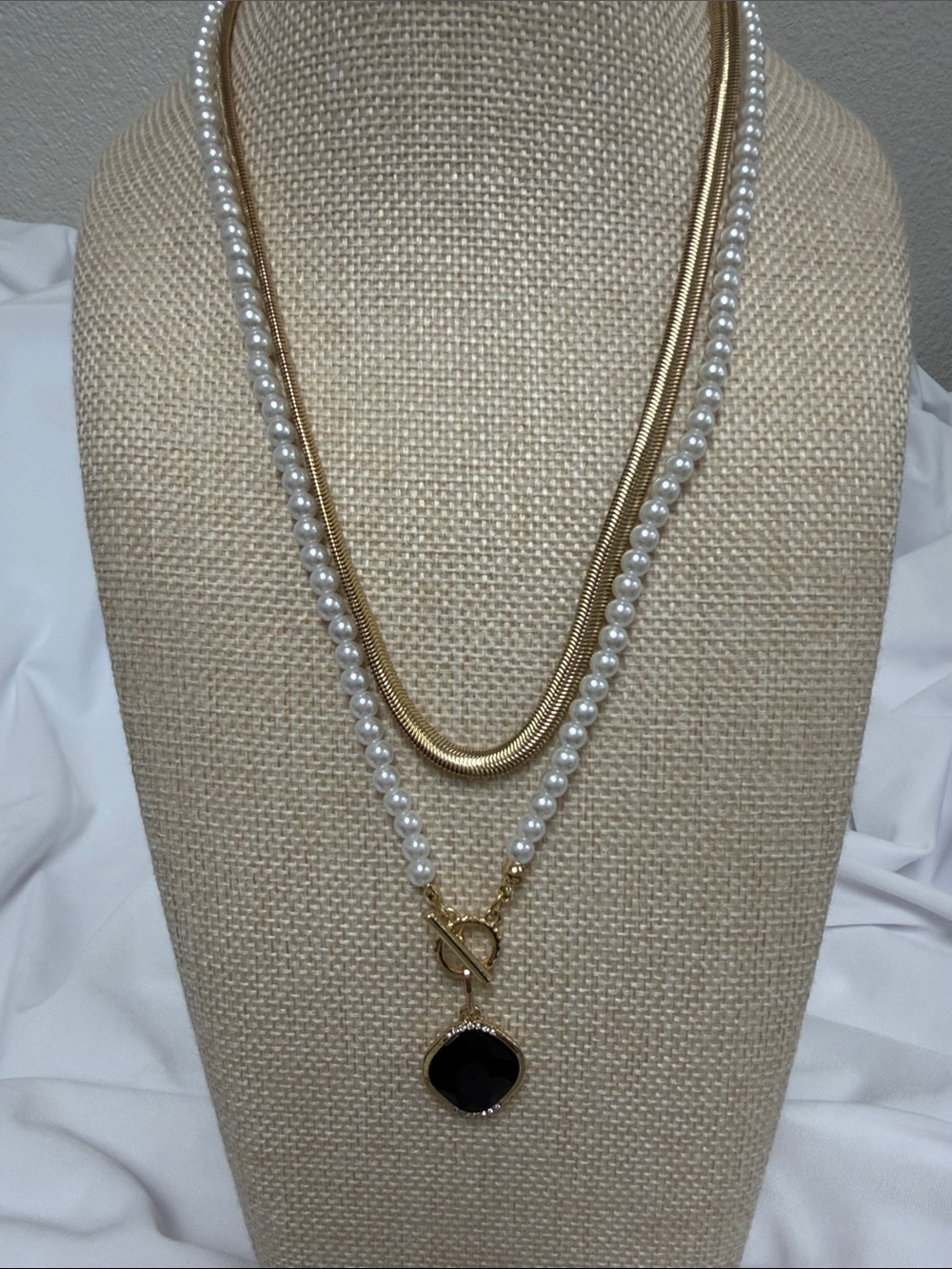 Gold and White Pearl Layered Necklace with Black Pendant Isaac Mizrahi